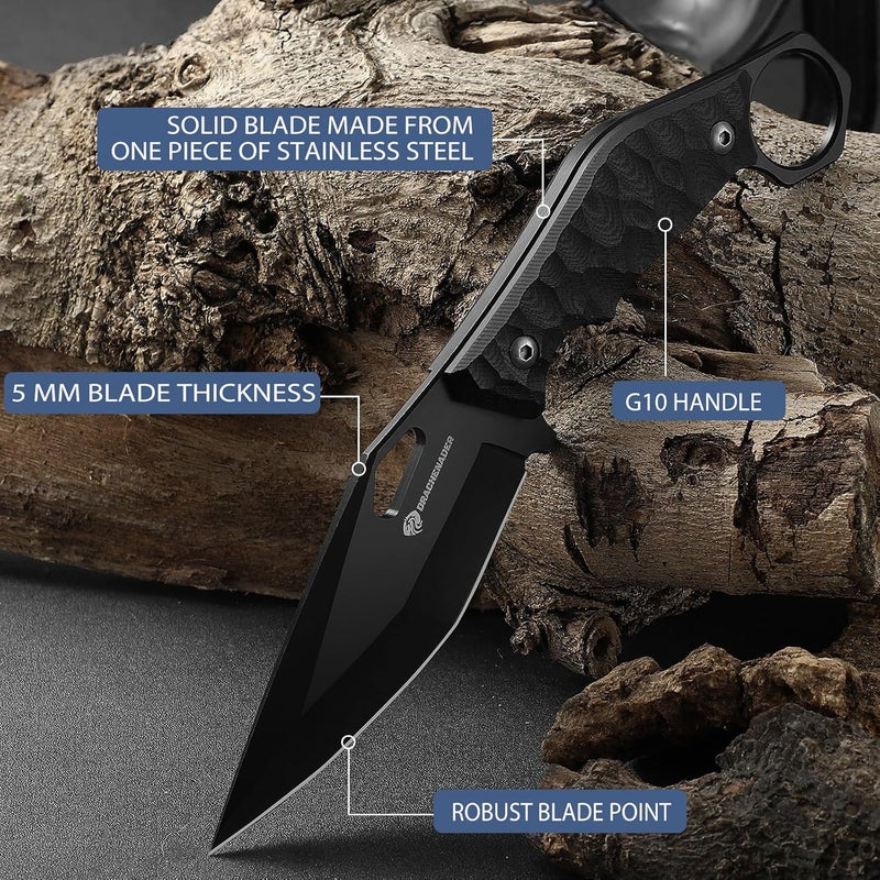 DRACHENADER Survival Knife SEAL-FULL BLACK 9" EDC Fixed Blade Tactical Horizontal Carry Knife for Men with Kydex Sheath, 5mm Thick Stainless Steel, G10 Anti-Slip Handle, Ideal for Gifting, Full Black - Image 5